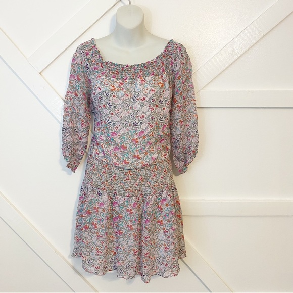 Shoshanna Smocked Off Shoulder Rita Floral Paisley Print Mini Blouson Dress Sz 8 - Picture 2 of 8